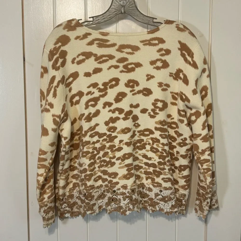 Chico's Open Front Animal Print Cardigan Lace Trim Cream Brown Chico's Size 2